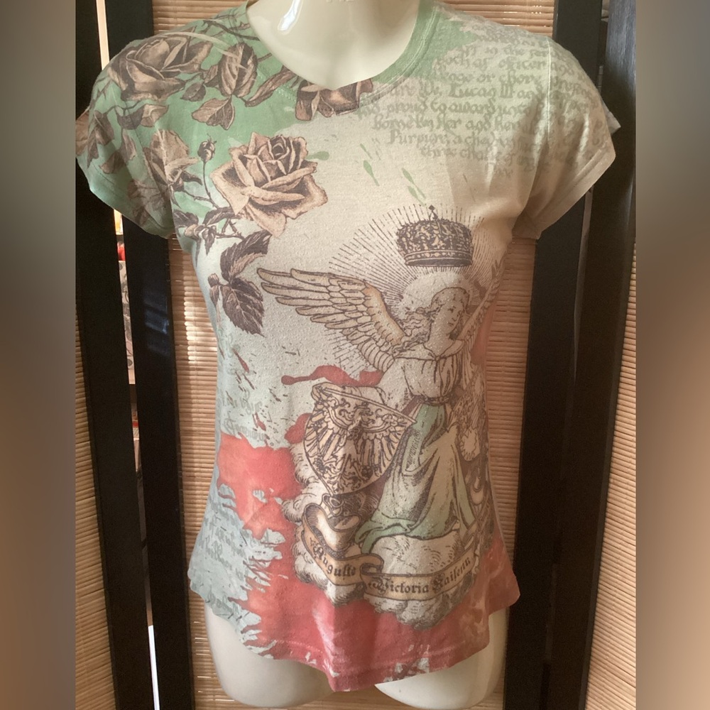 ⚜️ Vintage Y2K Floral Angel Graphic Tee Sz S goth grunge tattoo art